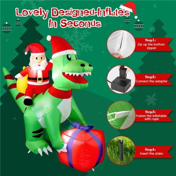 5FT Christmas Inflatables Dinosaur Santa Claus Blow Up with Built-in LED Lights - Picture 3 of 6